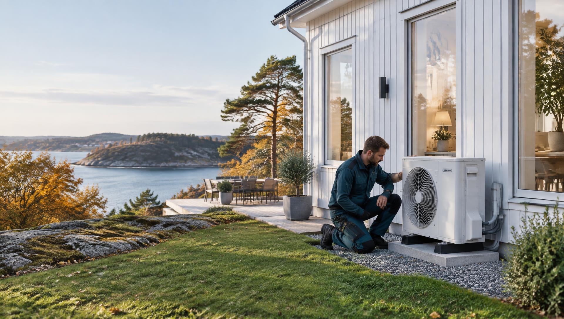 Luftvärmepump i ett modernt skandinaviskt hem